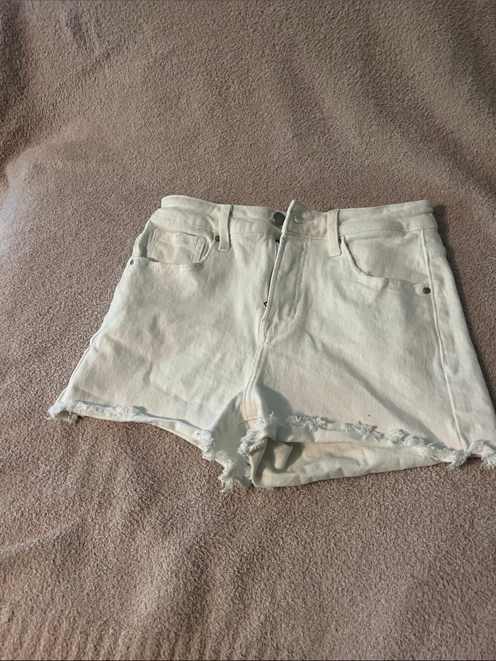White Denim Frayed Hem High-Rise Shorts